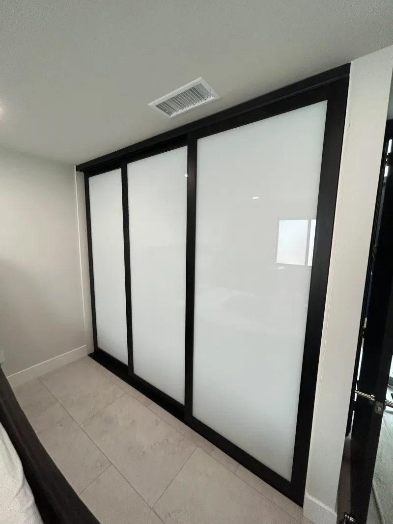 3 inch bronze frame with low iron milky glass sliding glass closet door