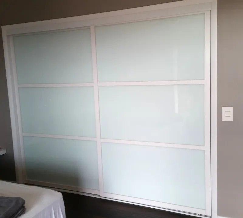 3-lite milky glass with white frame sliding glass closet door