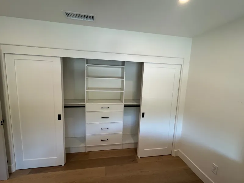 1 panel shaker doors with white organizer sliding closet door