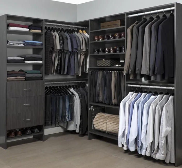 Custom walk-in closet with dark flat-panel built-ins, shoe shelving and double hanging rods