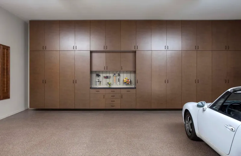 Custom garage storage — bronze extra tall cabinets inset