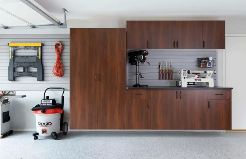 Custom garage storage — coco cabinets arch pulls ebony