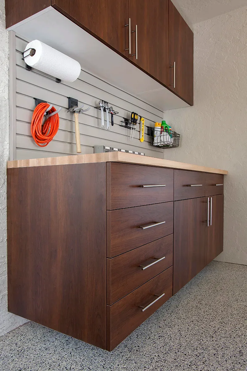 Custom garage storage — coco workbench butcher block counter
