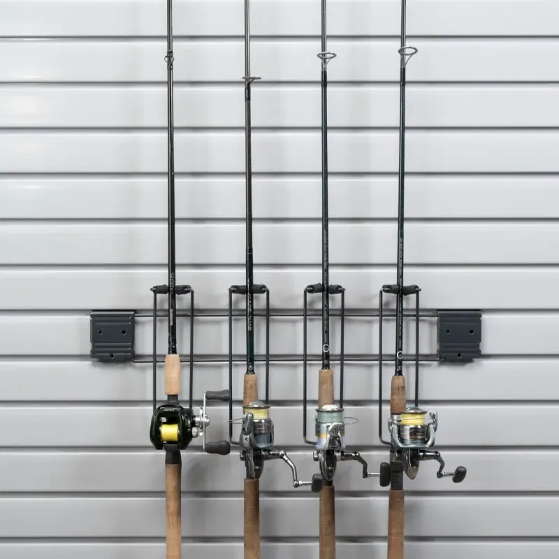Fishing rod rack mounted on a garage slatwall system