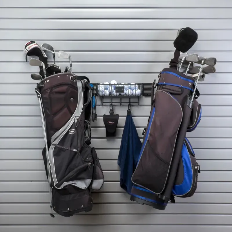 Sports gear storage rack on a garage gridwall system