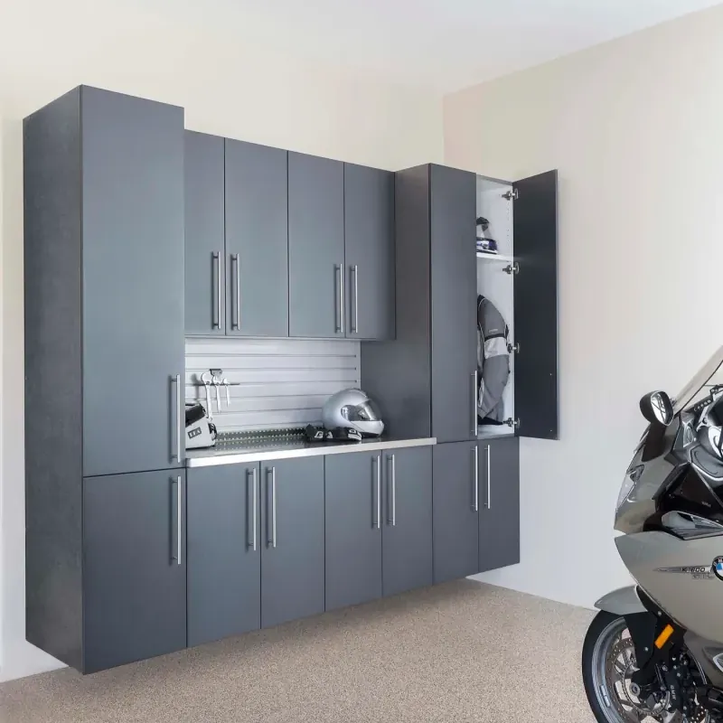 Custom garage storage — granite stainless gray slatwall