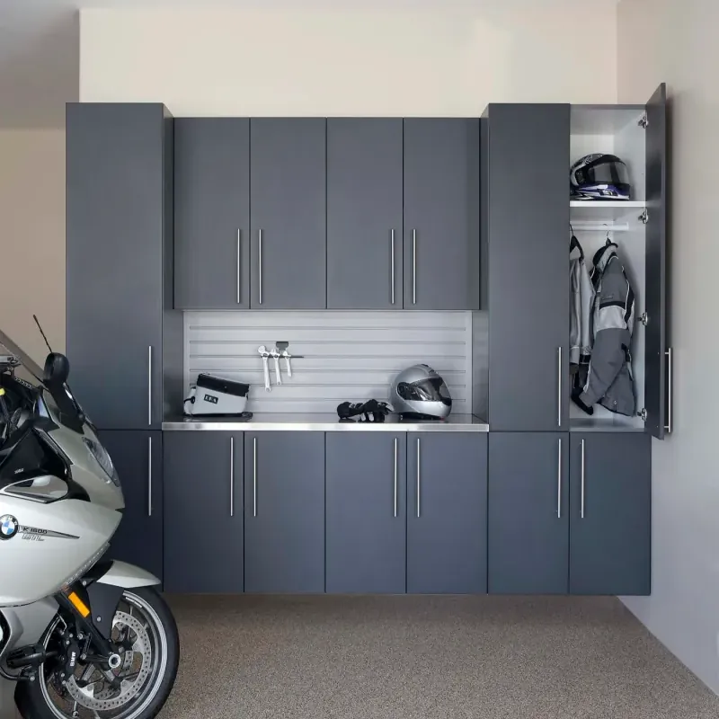 Custom garage storage — granite stainless gray slatwall, second angle