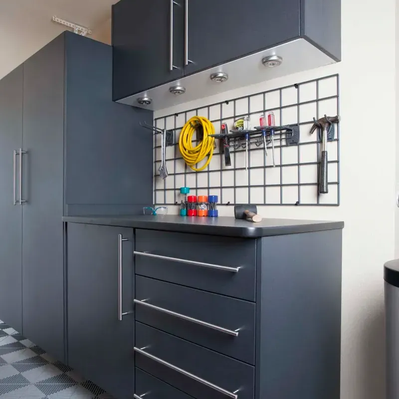 Custom garage storage — granite workbench ebony star grey