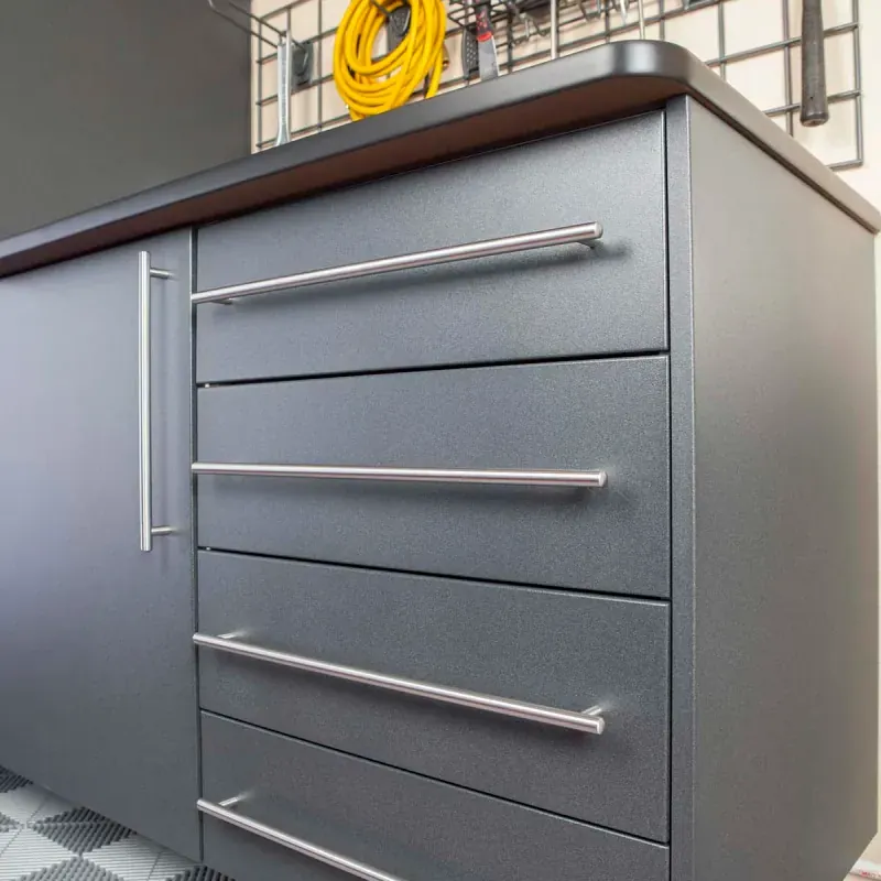 Custom garage storage — granite workbench ebony star grey, second angle