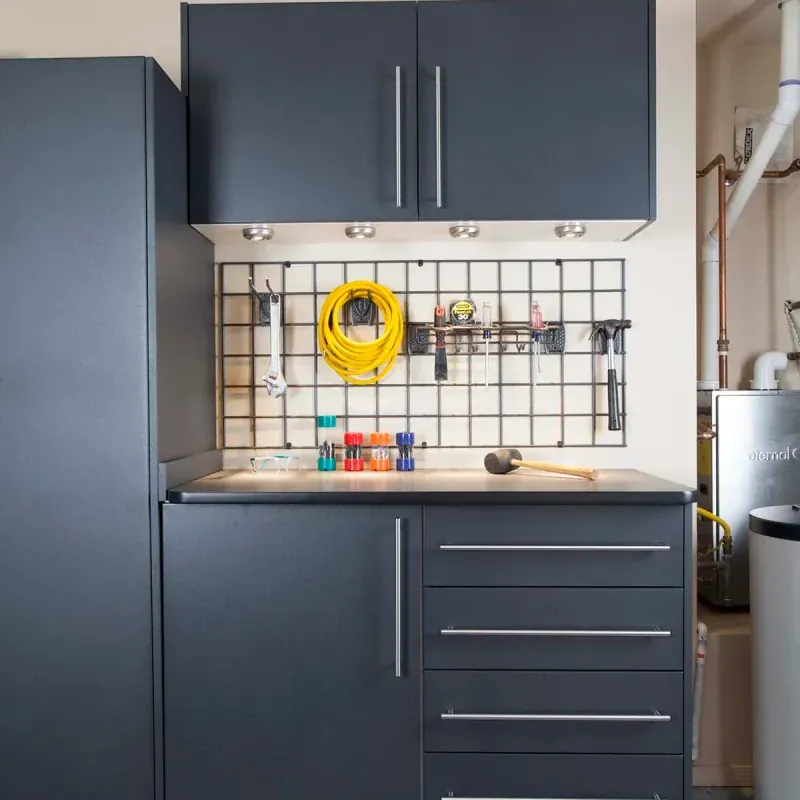 Custom garage storage — granite workbench ebonystar grid tools
