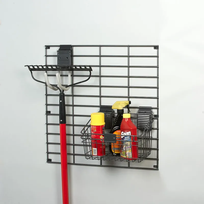 Garage gridwall panel with tool hooks and storage basket