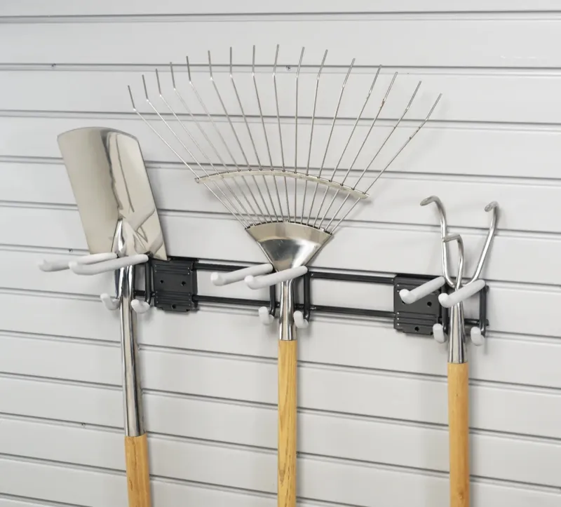 Tool hooks mounted on a garage slatwall system