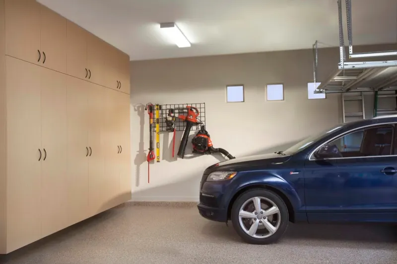 Custom garage storage — maple extra tall cabinets blue