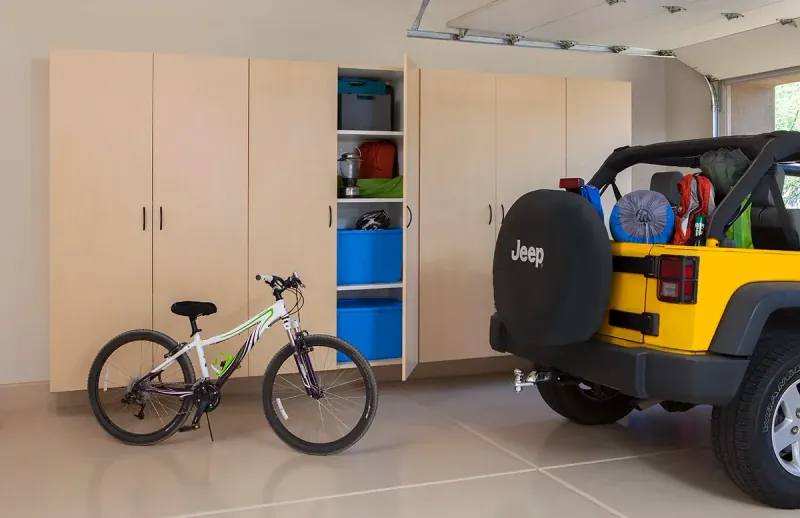 Custom garage storage — maple tall cabinets jeep