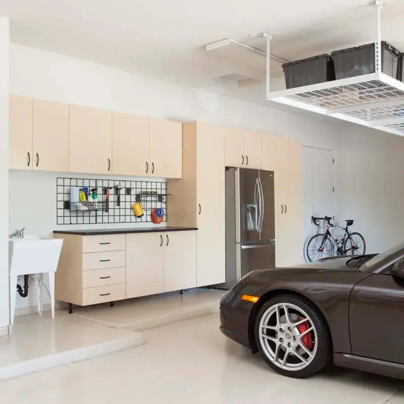 Custom garage storage — maple work bench frig overhead