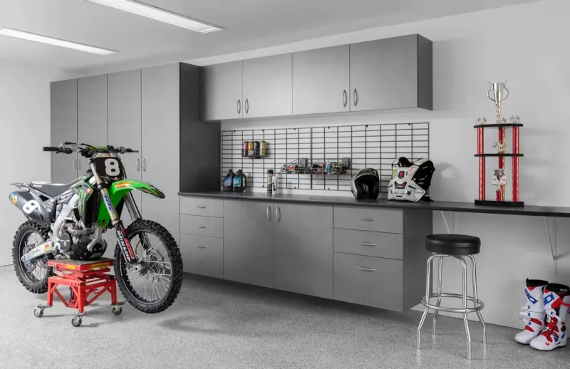 Custom garage storage — pewter cabinets ebony star workbench, second angle