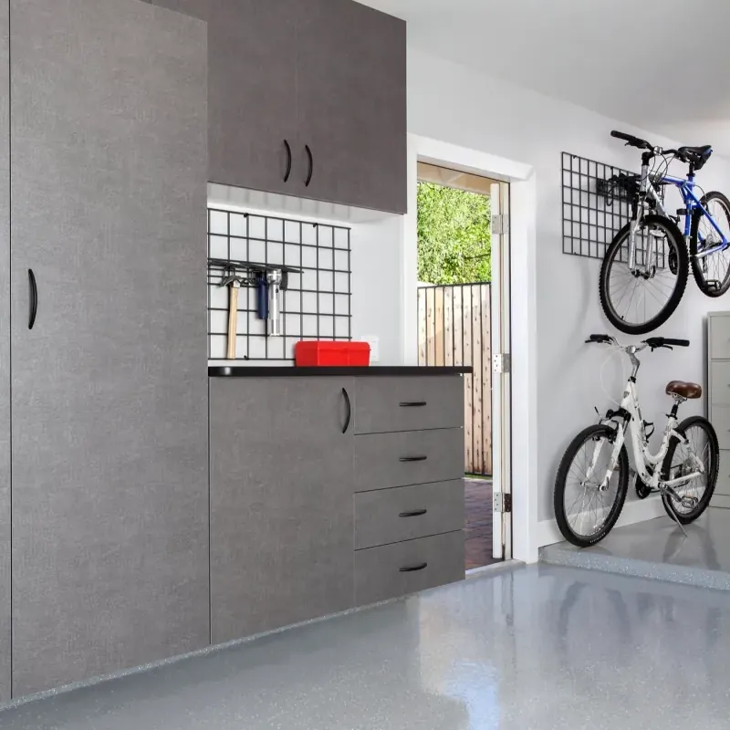 Custom garage storage — pewter cabinets ebony star workbench, third angle