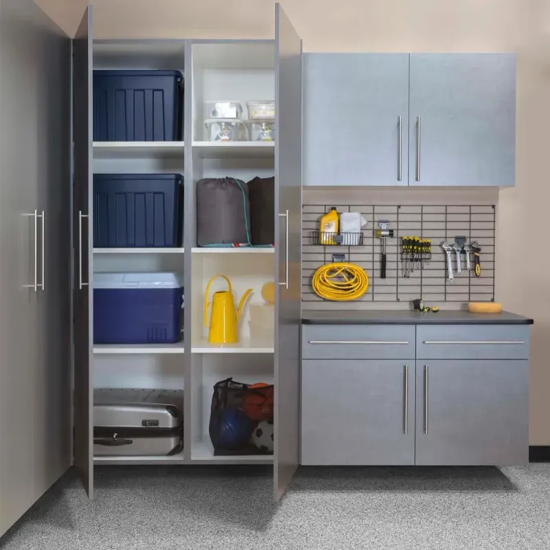 Custom garage storage — pewter cabinets ebony workbench gridwall