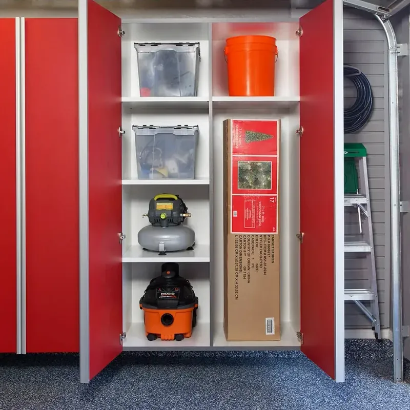 Custom garage storage — red cabinets vertical divider adjustable