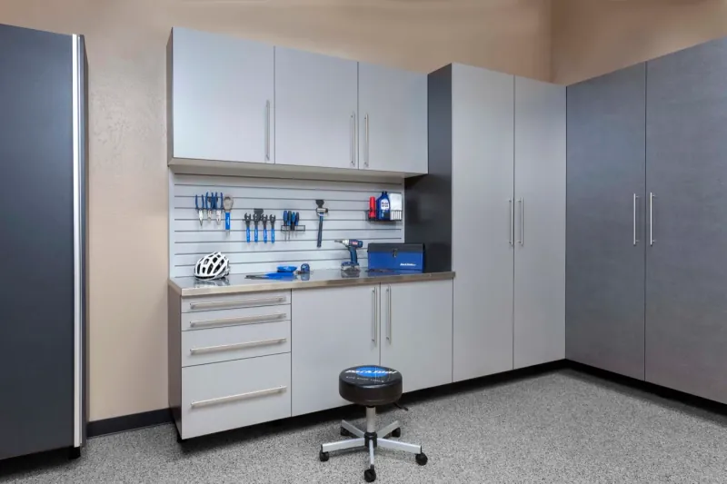 Custom garage storage — silver next pewter stainless workbench