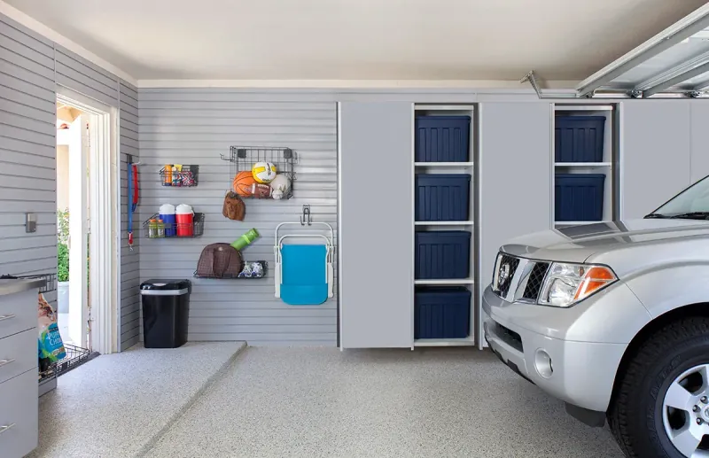 Custom garage storage — silver sliding grey slatwall