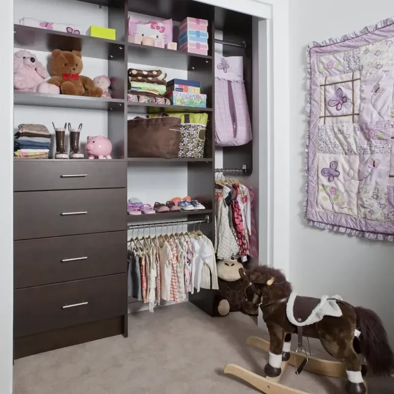 Chocolate pear reach-in closet designed for a young girl's room, with drawers, shelving and hanging storage