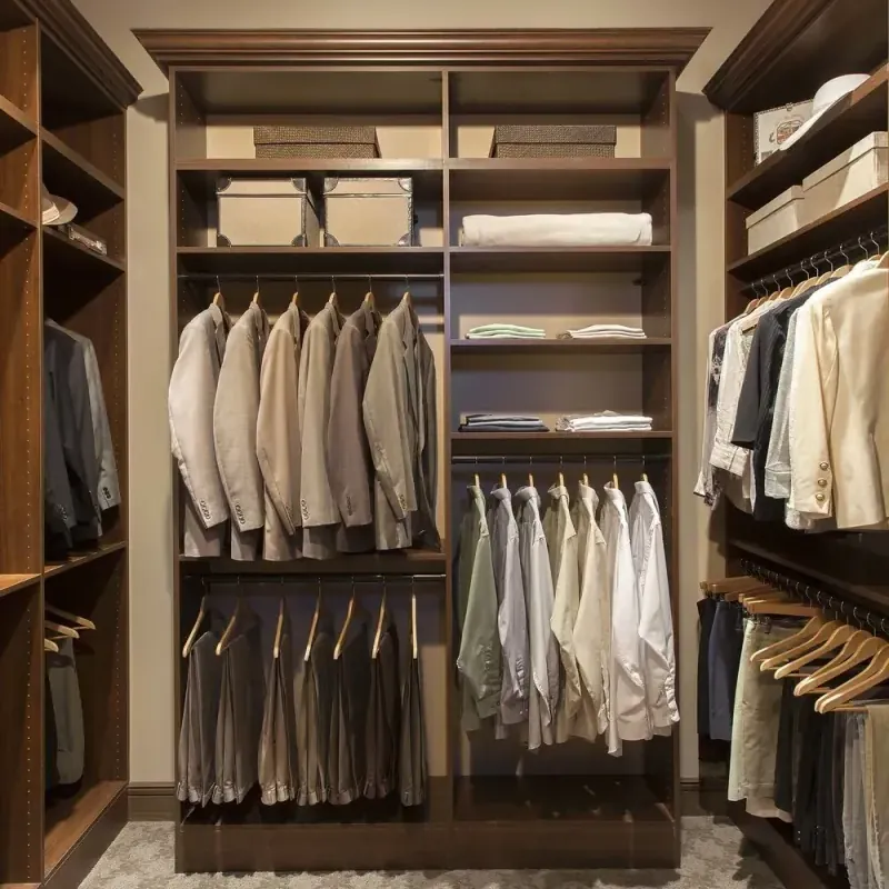 Coco-finish walk-in closet with double hanging sections and open shelving
