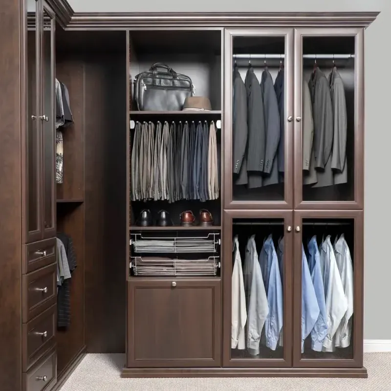Chocolate pear finish walk-in closet designed for a men's wardrobe