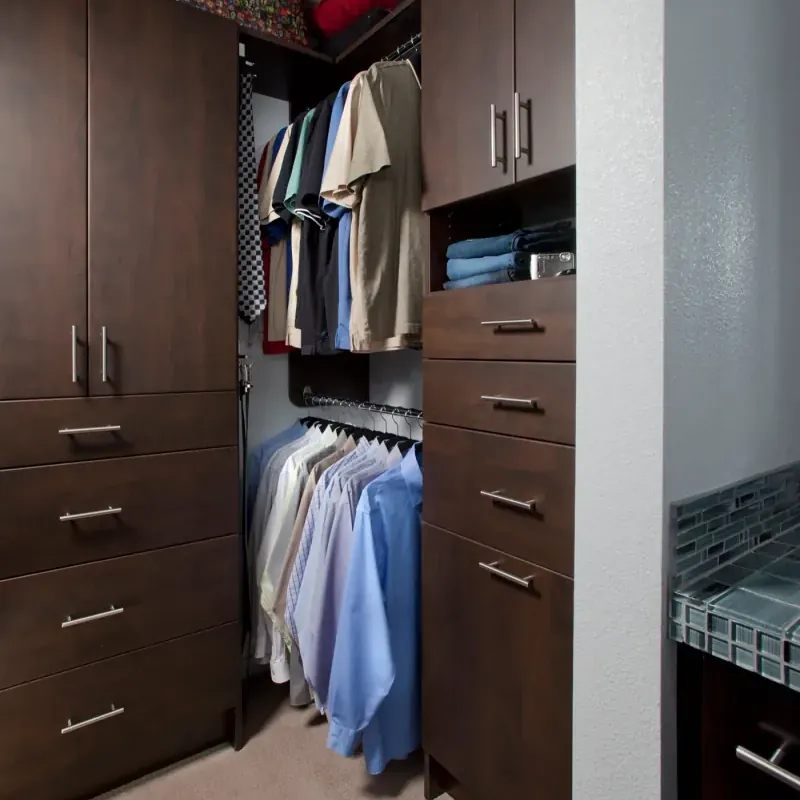 Modern walk-in closet in chocolate pear finish