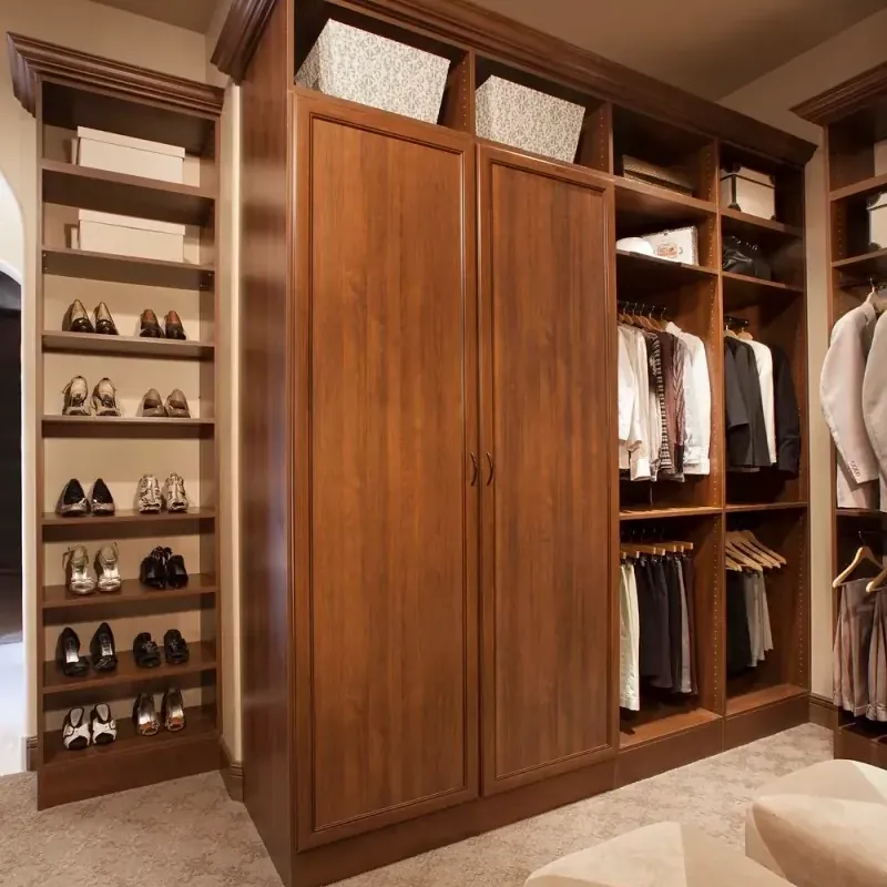Coco-finish walk-in closet with built-in wardrobe cabinet and shoe shelving