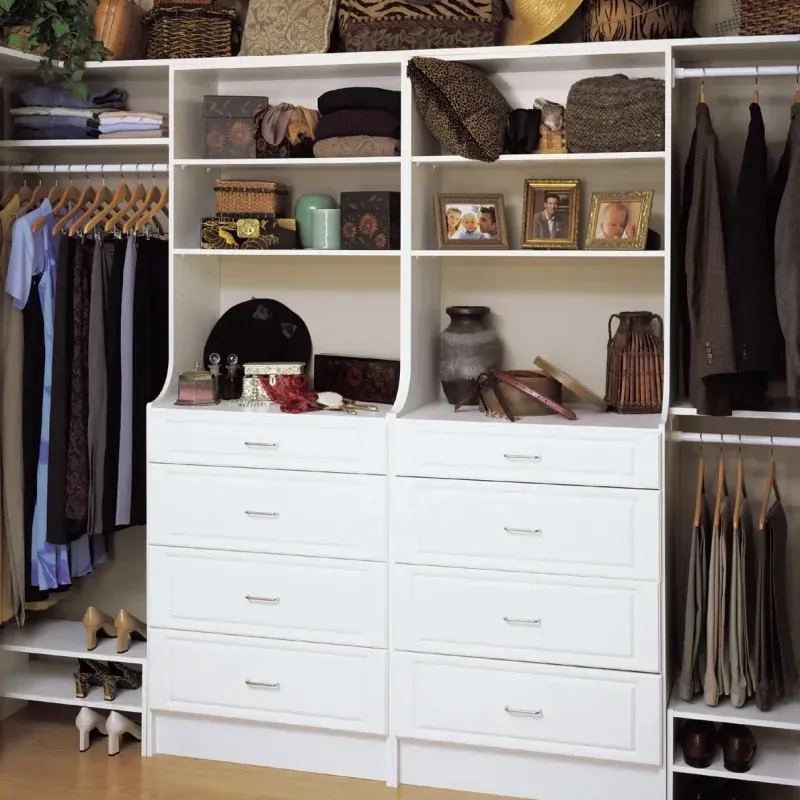 White walk-in closet with built-in hutch