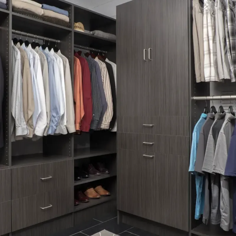 Walk-in closet in licorice flat-panel finish, detail view
