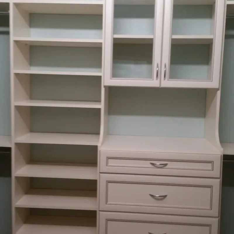 Walk-in closet with mint accent wall, glass cabinet doors and shoe shelving